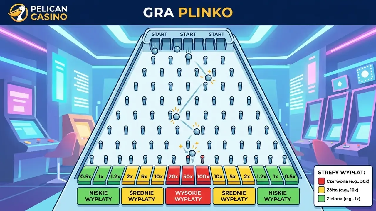 Schemat planszy plinko online z kołkami i strefami wypłat